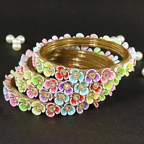 Glass Multi Flower Design Bangles with Golden Zircon Diamond Set- Pack of 4