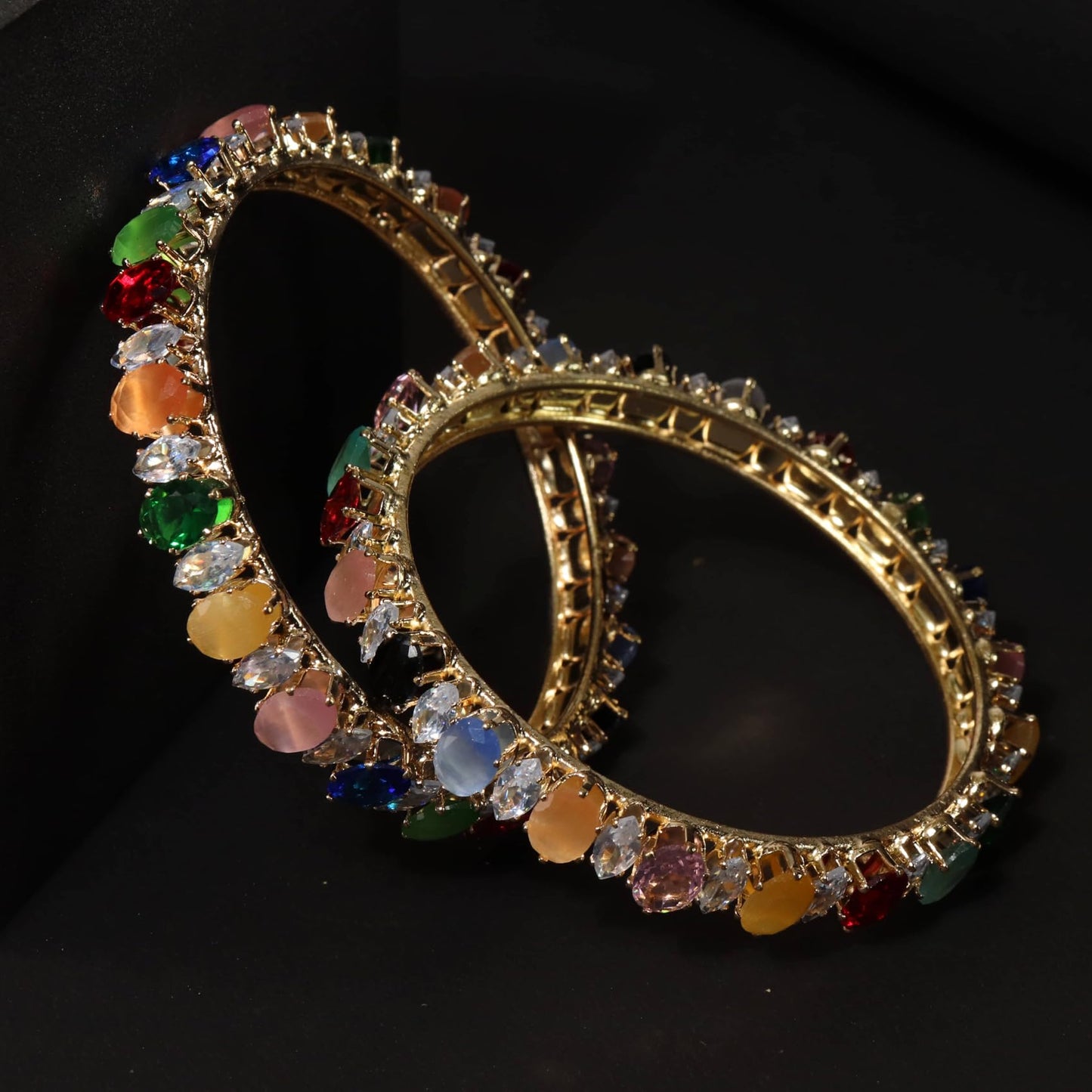 Traditional Alloy Metal Kada Bangles for Women & Girls | Multi-Color Zircon Diamond Studded Design | Pack of 2