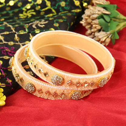 Peach Floral Embossed Pattern with Square Stone Kada- Set of 2