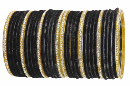 Black Velvet & Glass Bangles Set with Stone Work – Pack of 32