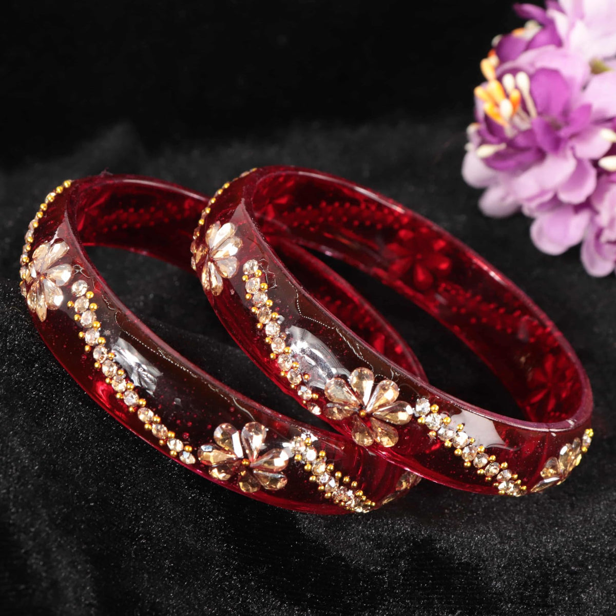 T.Red Glass Bangles with Floral Stone & Kundan Work - Set of 2