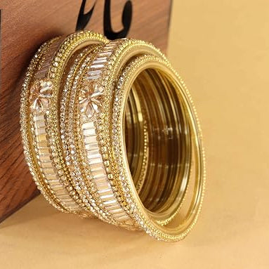 Mirror Gold Glass Bangles  With Crystal-Zircon Stone & Beads - Pack of 6
