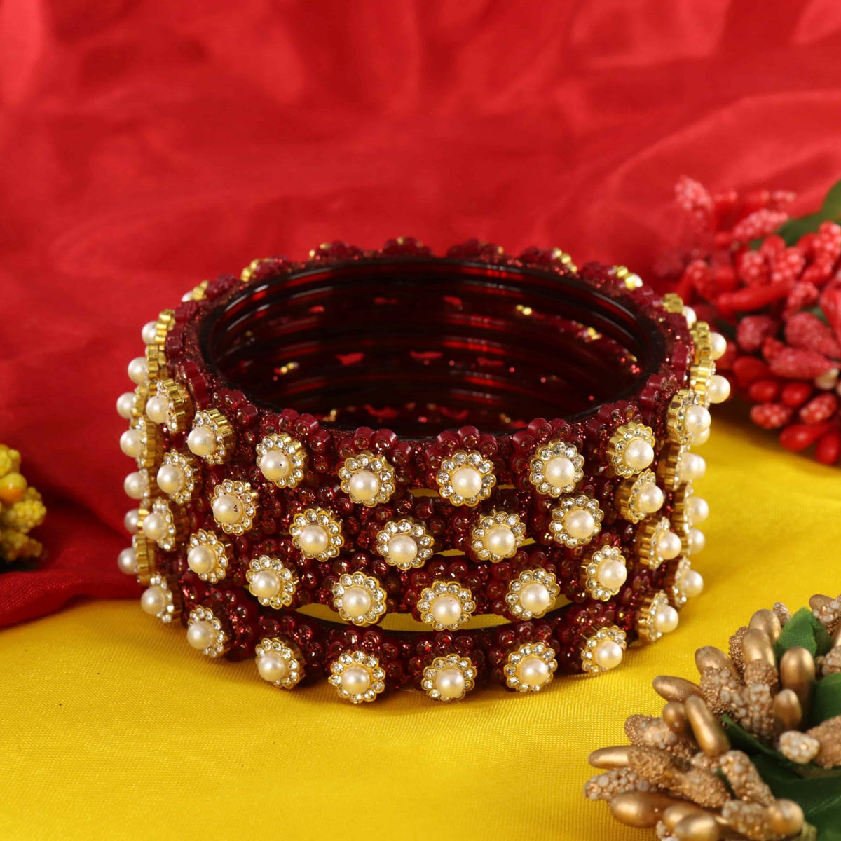 Maroon Gold-Tone Kundan & Pearl Stone Work - Set of 4