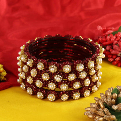 Maroon Gold-Tone Kundan & Pearl Stone Work - Set of 4