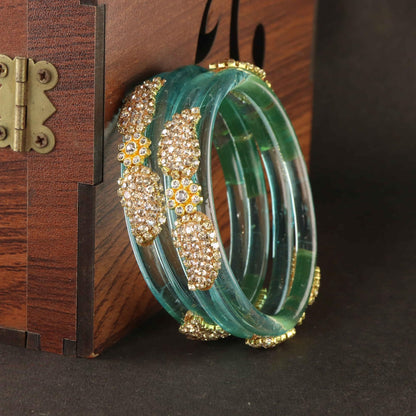 SkyBlue Glass Bangle with Gold-Tone Rhinestone Kada -Set Of 2