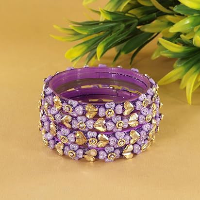 Glass Bangles Kada Set With Kundan & Zircon stones Work- Pack of 4