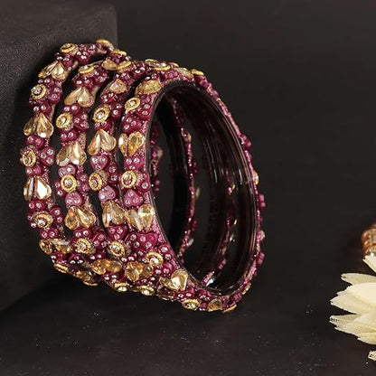 Glass Bangles Kada Set With Kundan & Zircon stones Work- Pack of 4