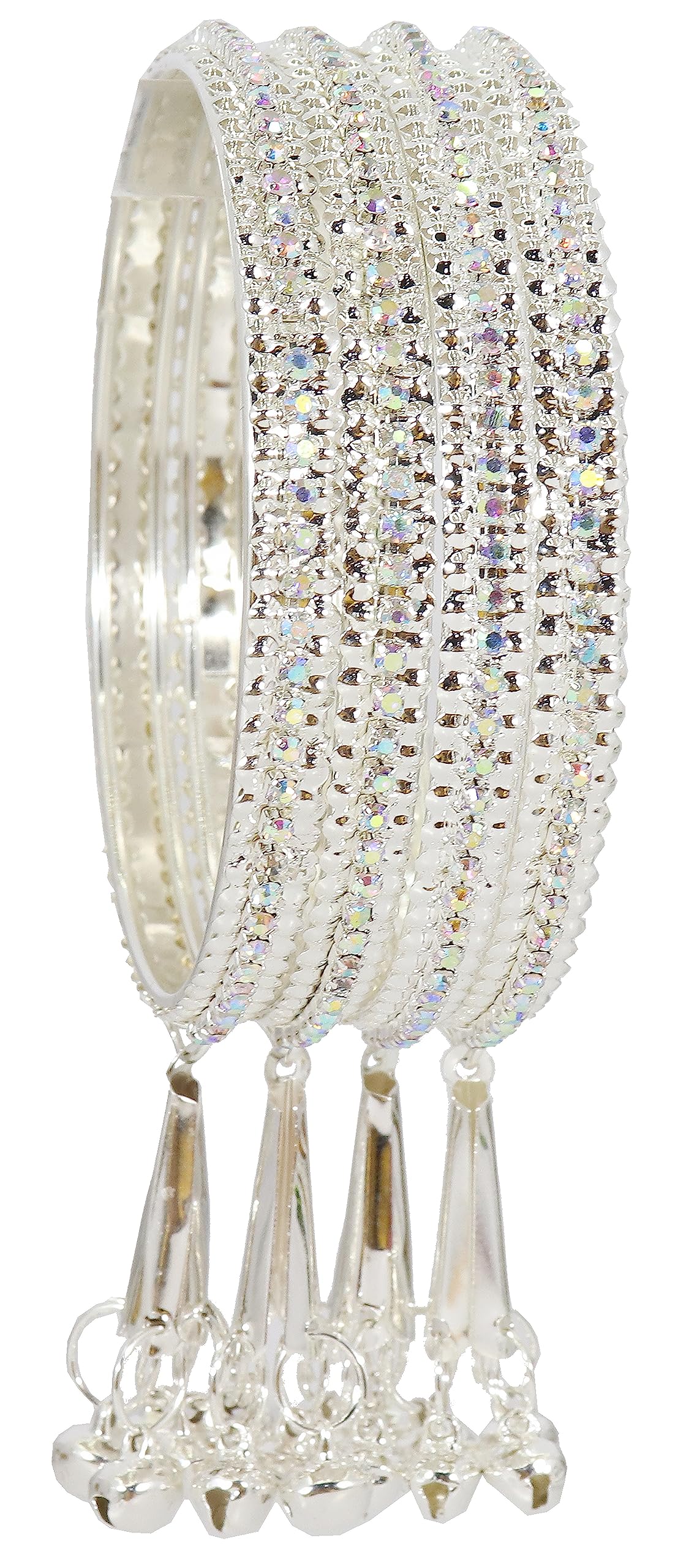 Alloy Metal With Zircon Gemstone and Bells Latkan Linked Traditional Bangles Set For Girls and Women
