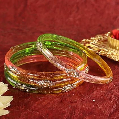 Glass Bangles set With Golden Crystal-Zircon Stone & Floral Work- Pack of 4