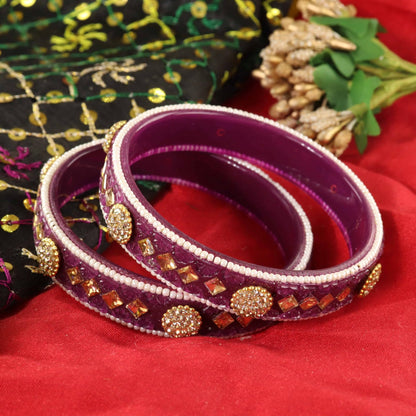 Wine Floral Embossed Pattern with Square Stone Kada- Set of 2