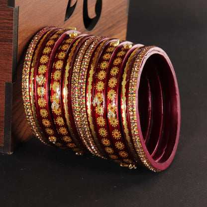 Maroon Designer Bridal Gold Floral & Stone Bangle Set - Pack Of 12