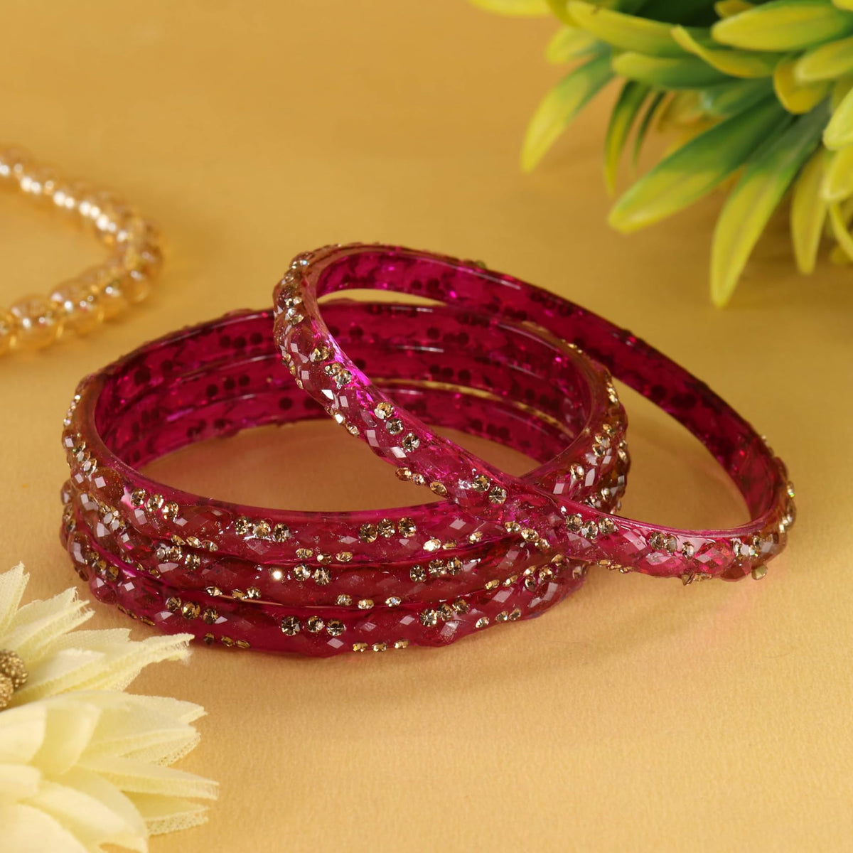 wine Glass Bangles Set with Crystal Stone Work - Set of 4