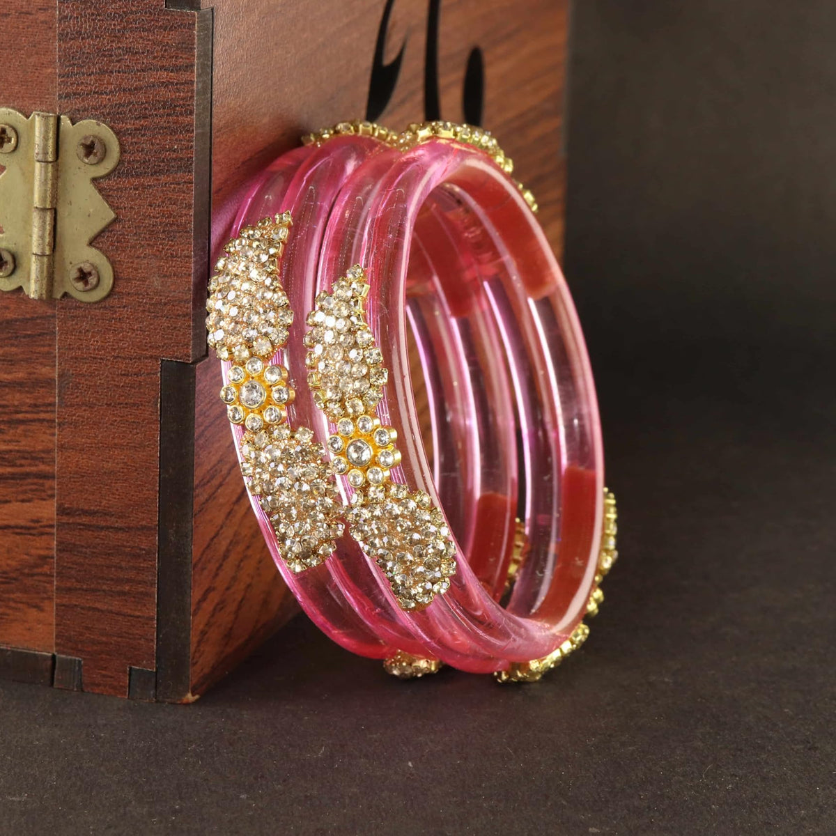 Pink Glass Bangle with Gold-Tone Rhinestone Kada -Set Of 2