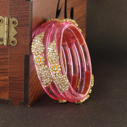 Pink Glass Bangle with Gold-Tone Rhinestone Kada -Set Of 2