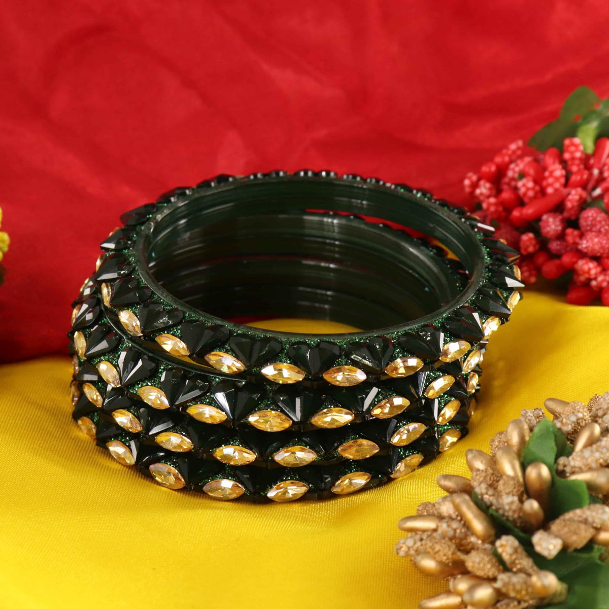 DarkGreen Sparkling stone detailing, and elegant golden Kada - Set Of 4