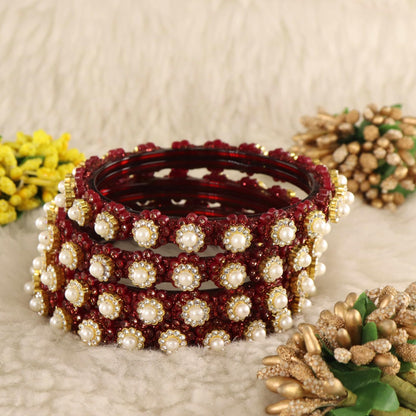 Maroon Gold-Tone Kundan & Pearl Stone Work - Set of 4