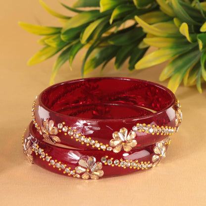 T.Red Glass Bangles with Floral Stone & Kundan Work - Set of 2