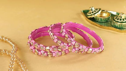 Glass Bangles Kada Set With Kundan & Zircon Stones Work - Pack of 4