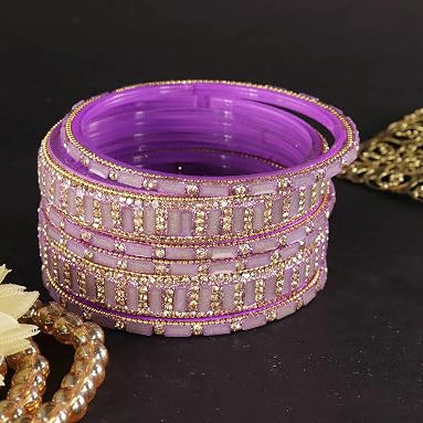 Glass Bangles Kada Set  With Zircon Stone Work - Pack of 6