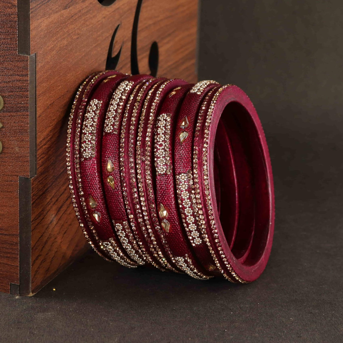 Maroon Stone Studded  Embellished Traditional Bangles - Set of 8