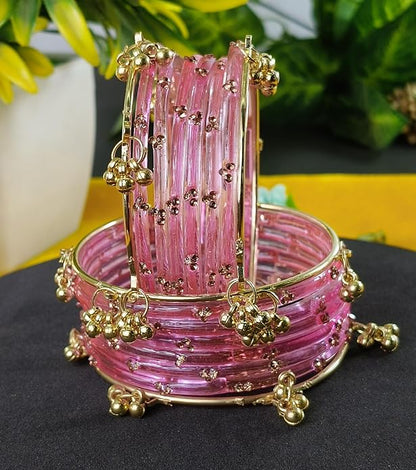 Pink Glass Bangles Set with Gold Metal Ghungroo Pack of 16