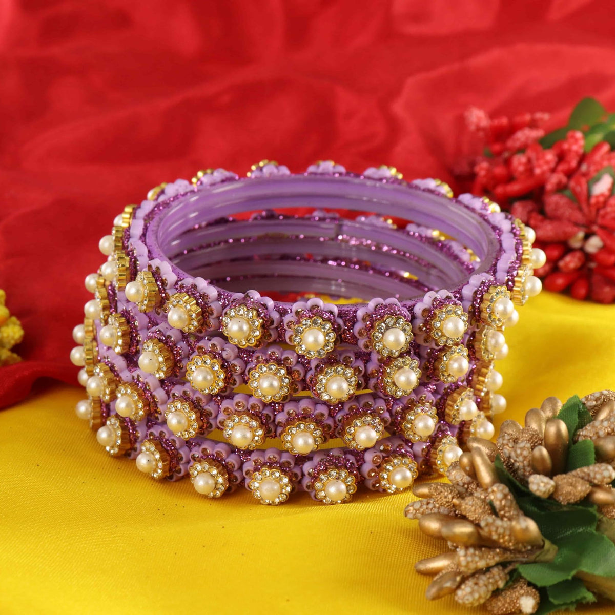 Purple Gold-Tone Kundan & Pearl Stone Work - Set of 4
