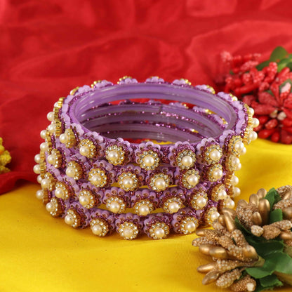 Purple Gold-Tone Kundan & Pearl Stone Work - Set of 4