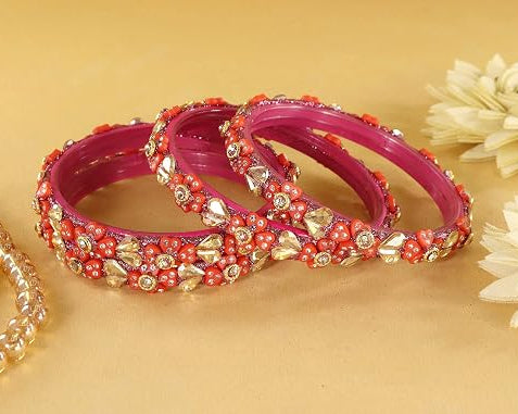 Glass Bangles Kada Set With Kundan & Zircon Stone Work - Pack of 4