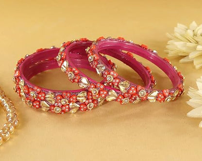 Glass Bangles Kada Set With Kundan & Zircon Stone Work - Pack of 4