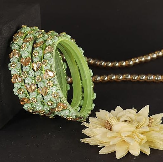 Pista Green Floral Heart Stone Bangles – Set of 4