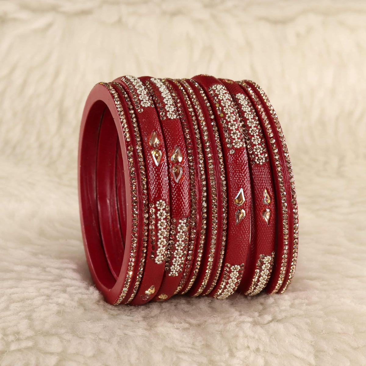 Red Stone Studded  Embellished Traditional Bangles - Set of 8