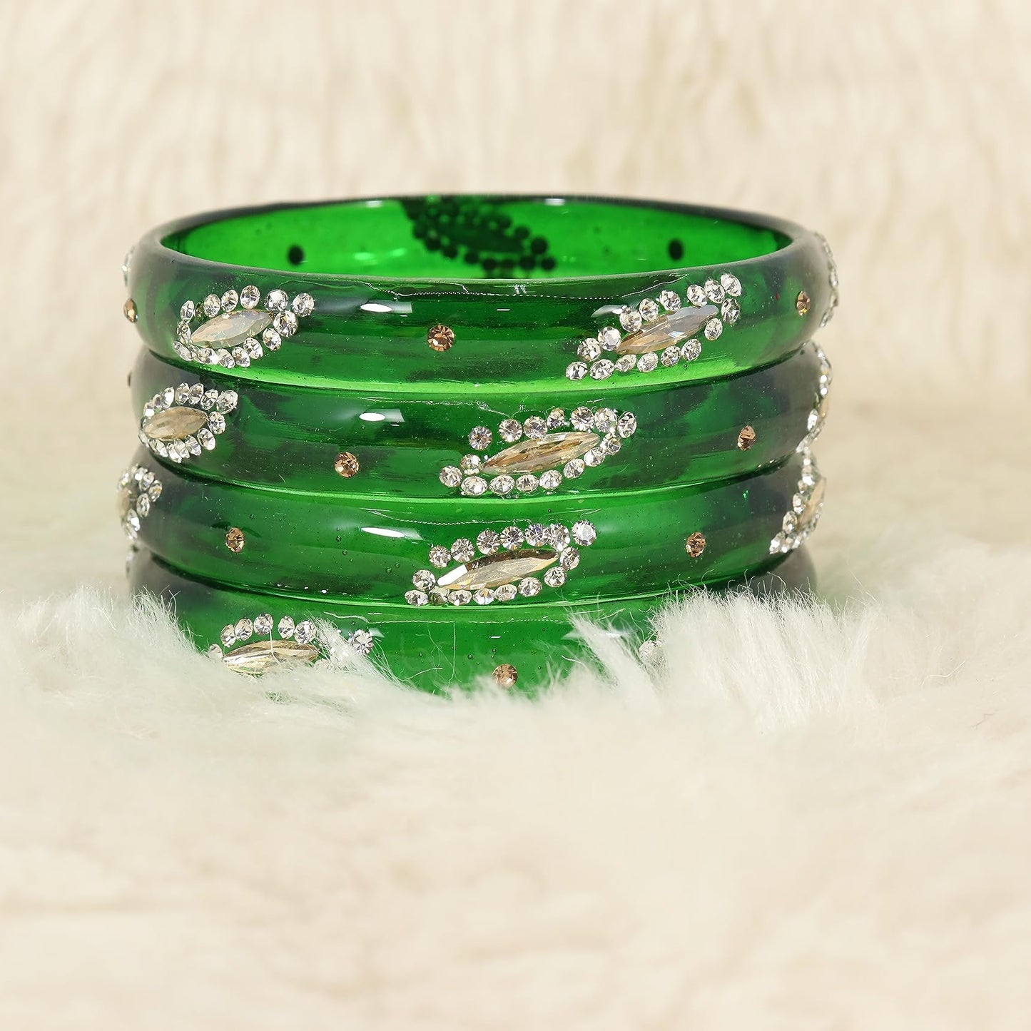 Green Glass with Zircon Gemstone Studded Kada Bangles Set For Girls and Women| (Pack of 8)