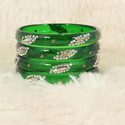 Green Glass with Zircon Gemstone Studded Kada Bangles Set For Girls and Women| (Pack of 8)