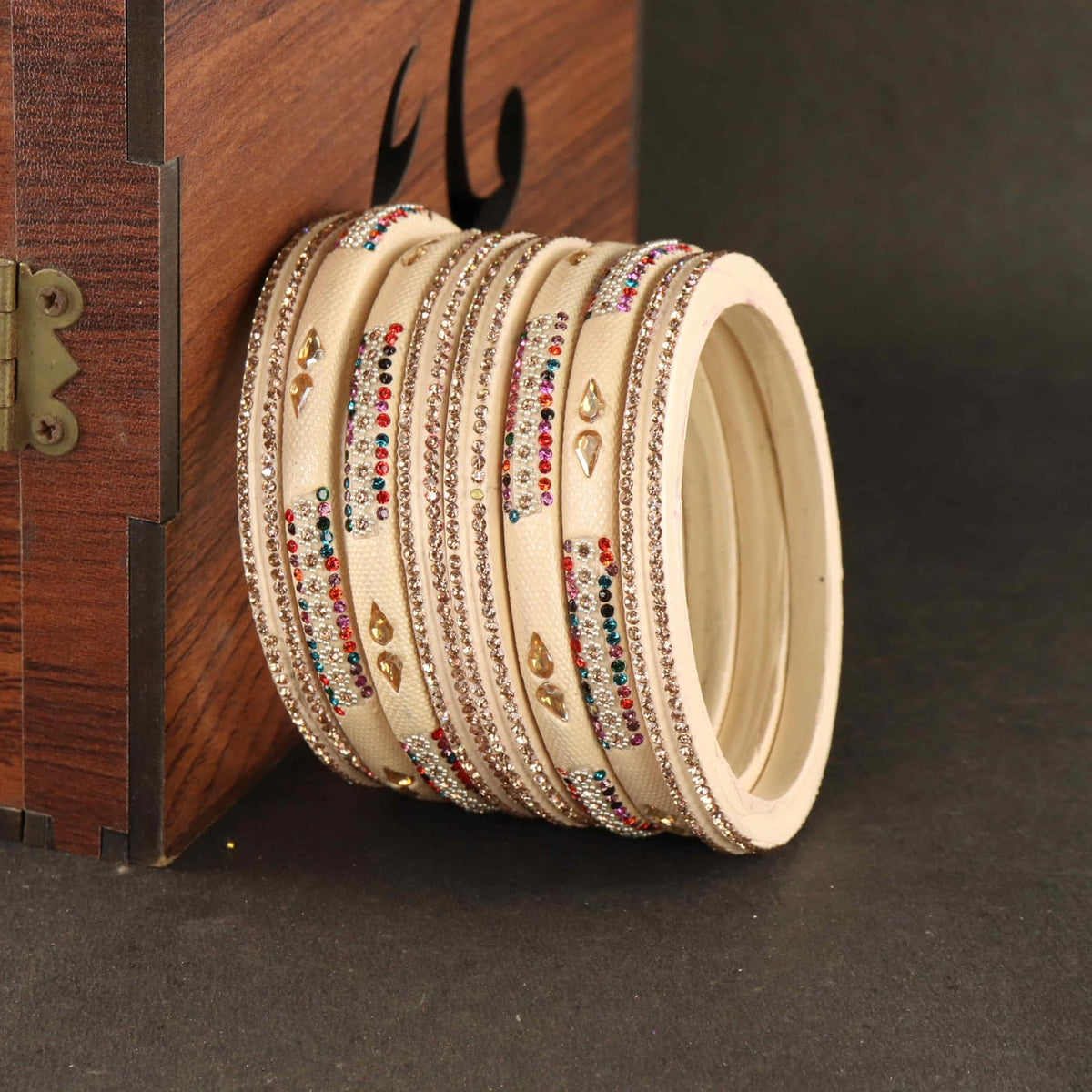 MultiCream Stone Studded  Embellished Traditional Bangles - Set of 8