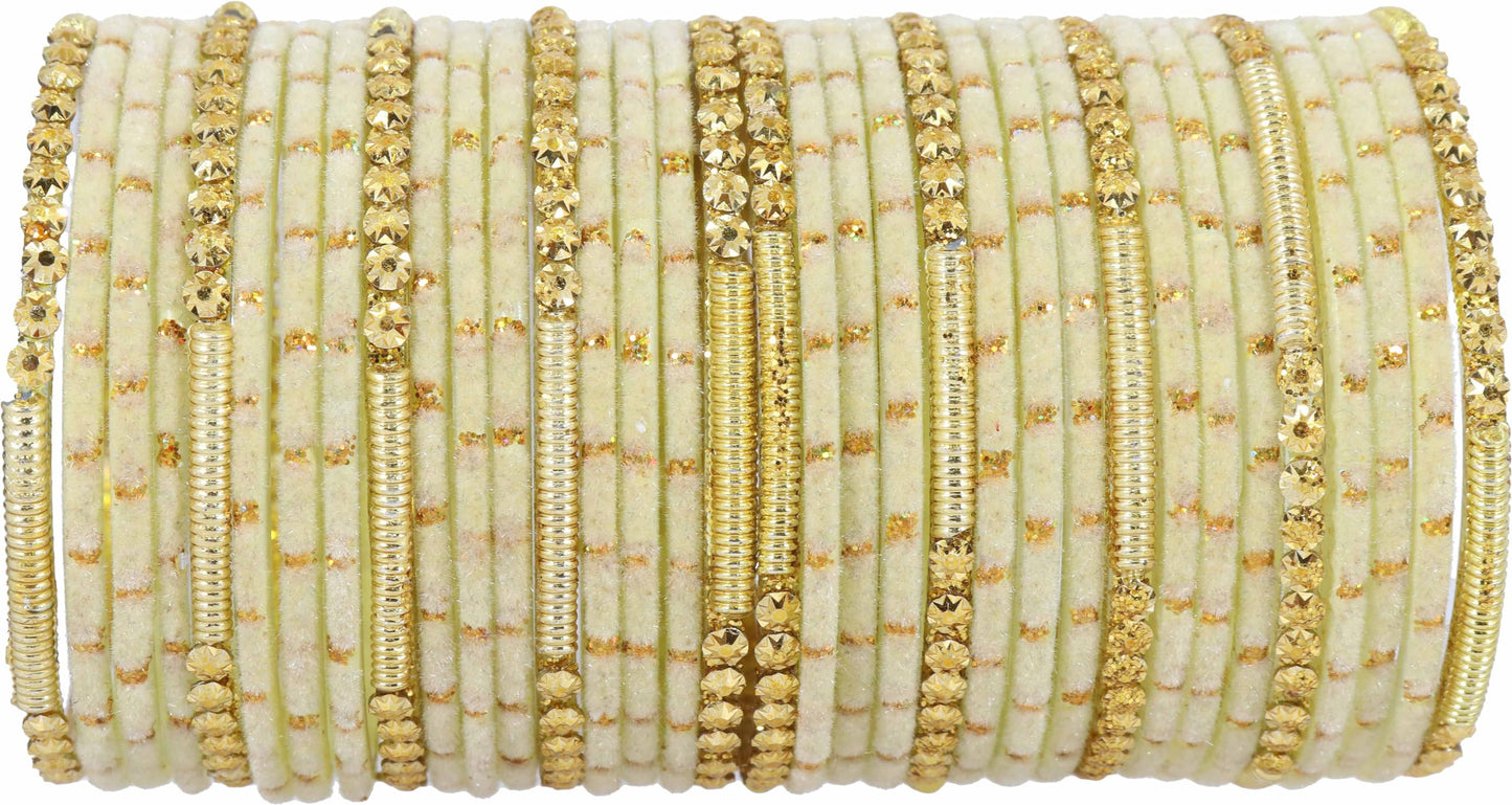 Fancy cream Velvet Glass Bangles with Golden Beads & Polka Dots (Set of 34)