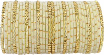Fancy cream Velvet Glass Bangles with Golden Beads & Polka Dots (Set of 34)