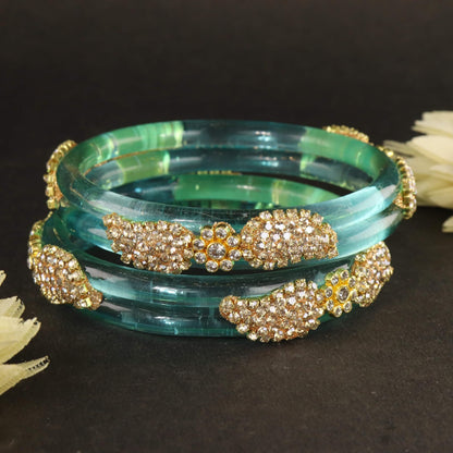 SkyBlue Glass Bangle with Gold-Tone Rhinestone Kada -Set Of 2