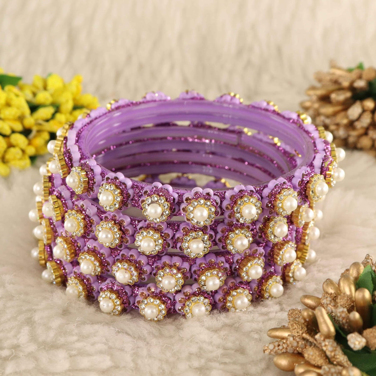 Purple Gold-Tone Kundan & Pearl Stone Work - Set of 4