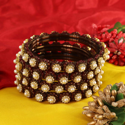 CoffeeBrown Gold-Tone Kundan & Pearl Stone Work - Set of 4