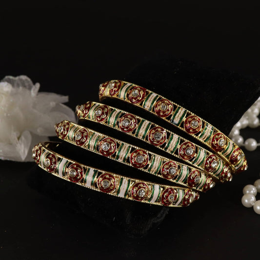 Golden Metal Kada Bangles with Red & Green Enamel Floral Design – Pack of 4