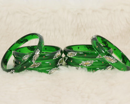 Green Glass with Zircon Gemstone Studded Kada Bangles Set For Girls and Women| (Pack of 8)