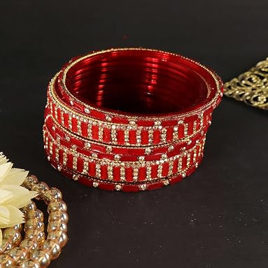 Glass Bangles Kada Set With Zircon Stone Work - Pack of 6