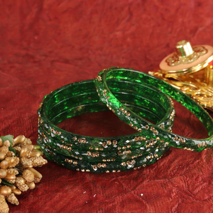 Green Glass Bangles Set with Crystal Stone Work - Set of 4