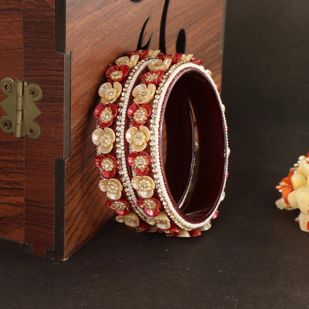 maroon Premium Floral Pearl Studded Kada Set - Set of 2