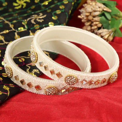 Cream Floral Embossed Pattern with Square Stone Kada- Set of 2