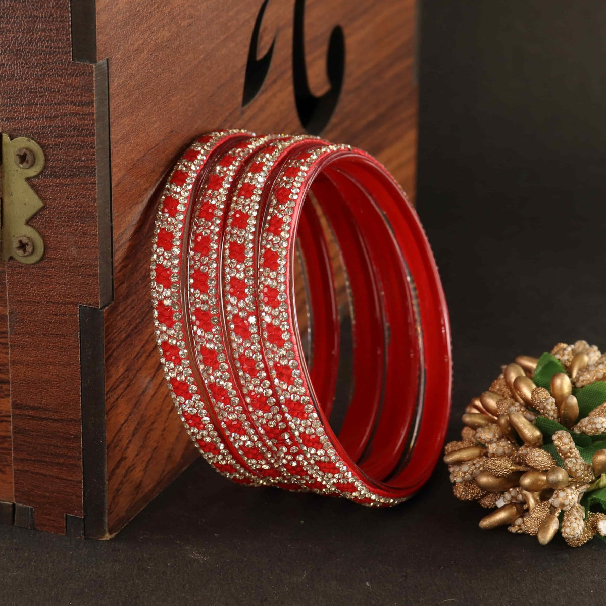 Red Premium Stone Studded Kada Set - Set of 4