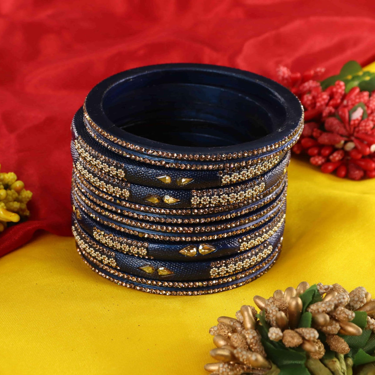 DarkBlue Stone Studded  Embellished Traditional Bangles - Set of 8