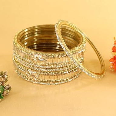 Mirror Gold Glass Bangles  With Crystal-Zircon Stone & Beads - Pack of 6