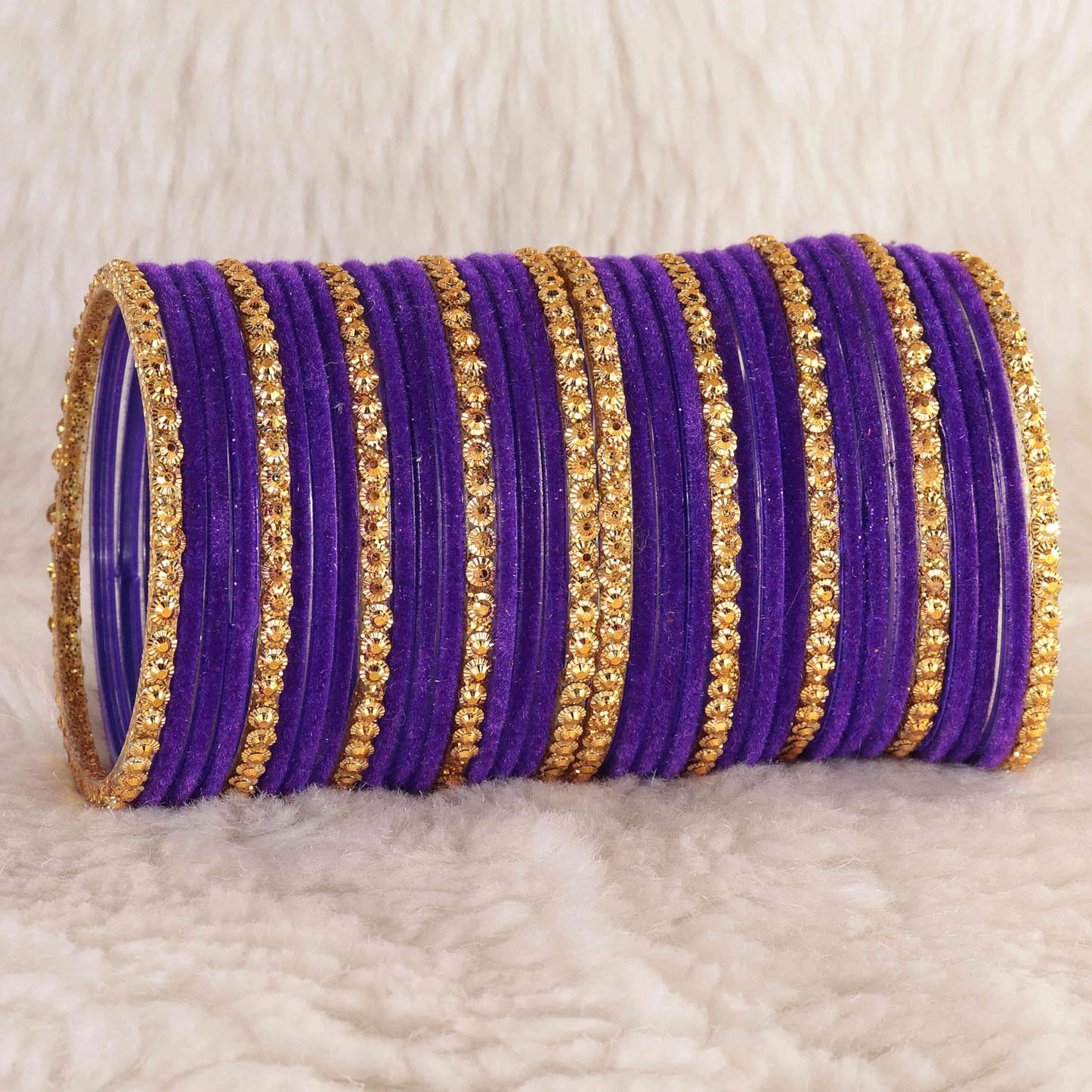 Premium Glass & Golden Beads Velvet Bangles Set – Pack of 34 (Jamuni Color)