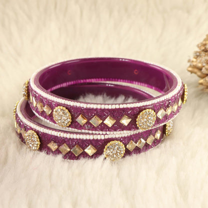Wine Floral Embossed Pattern with Square Stone Kada- Set of 2
